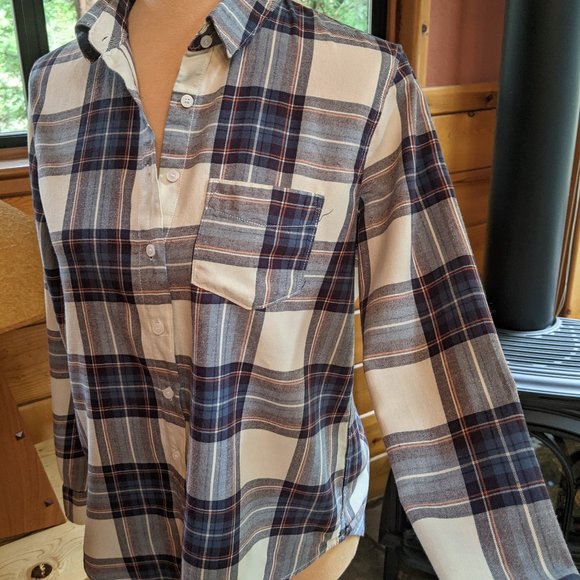 H&M Logg Flannel Button Up Shirt Cream Plaid - Picture 3 of 7